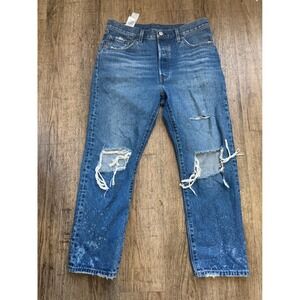 Levis Premium 501 Original Fit Distressed Jeans 29x26 Medium Wash Ripped Denim
